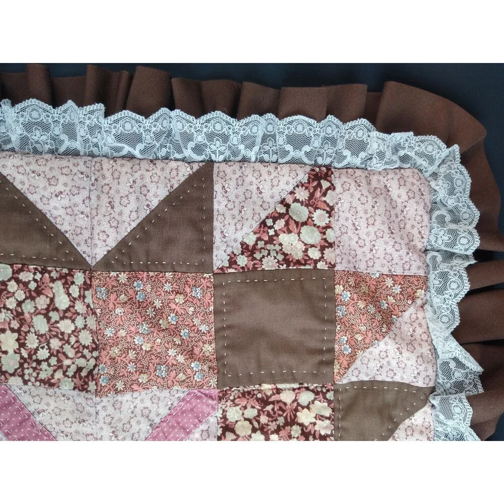 Vintage Quilt Pillow Cover Lace Ruffle Edging Brown Peach Floral for 14x14 inch